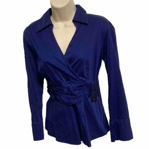APT 9 Royal Deep Blue Long Sleeve Shirt Top Blouse Womens Petite Large